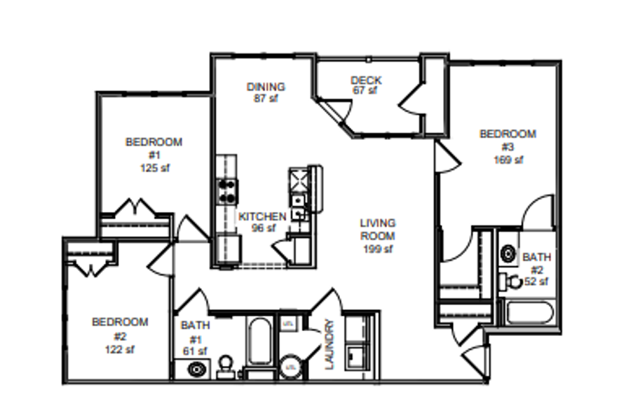 Floor plan for 3 beds, 2 baths, 1224 sqft